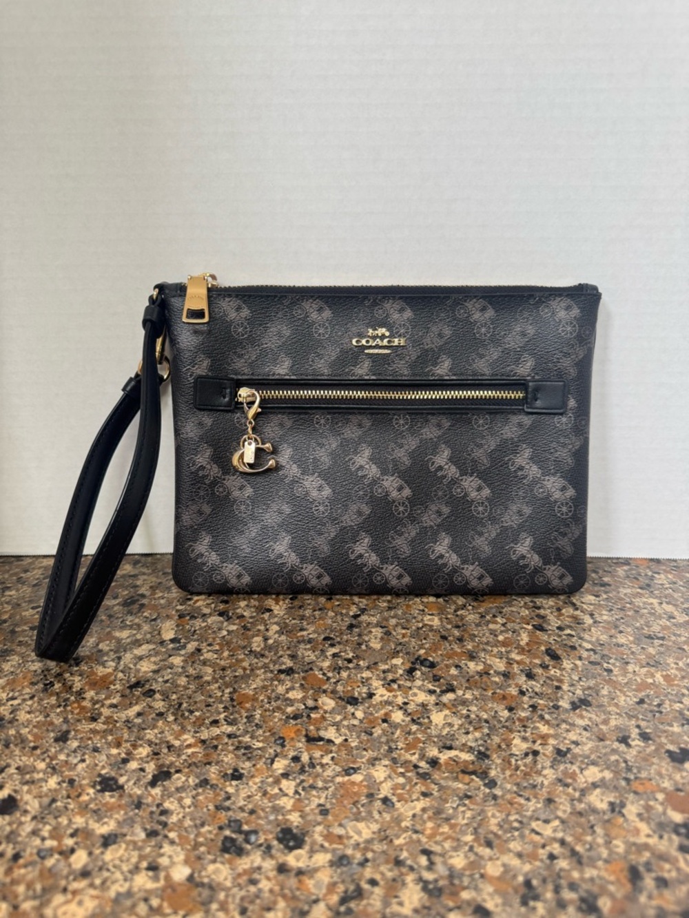 Coach Black Signature Pattern Horse & Carriage Pouch with Gold Hardware
